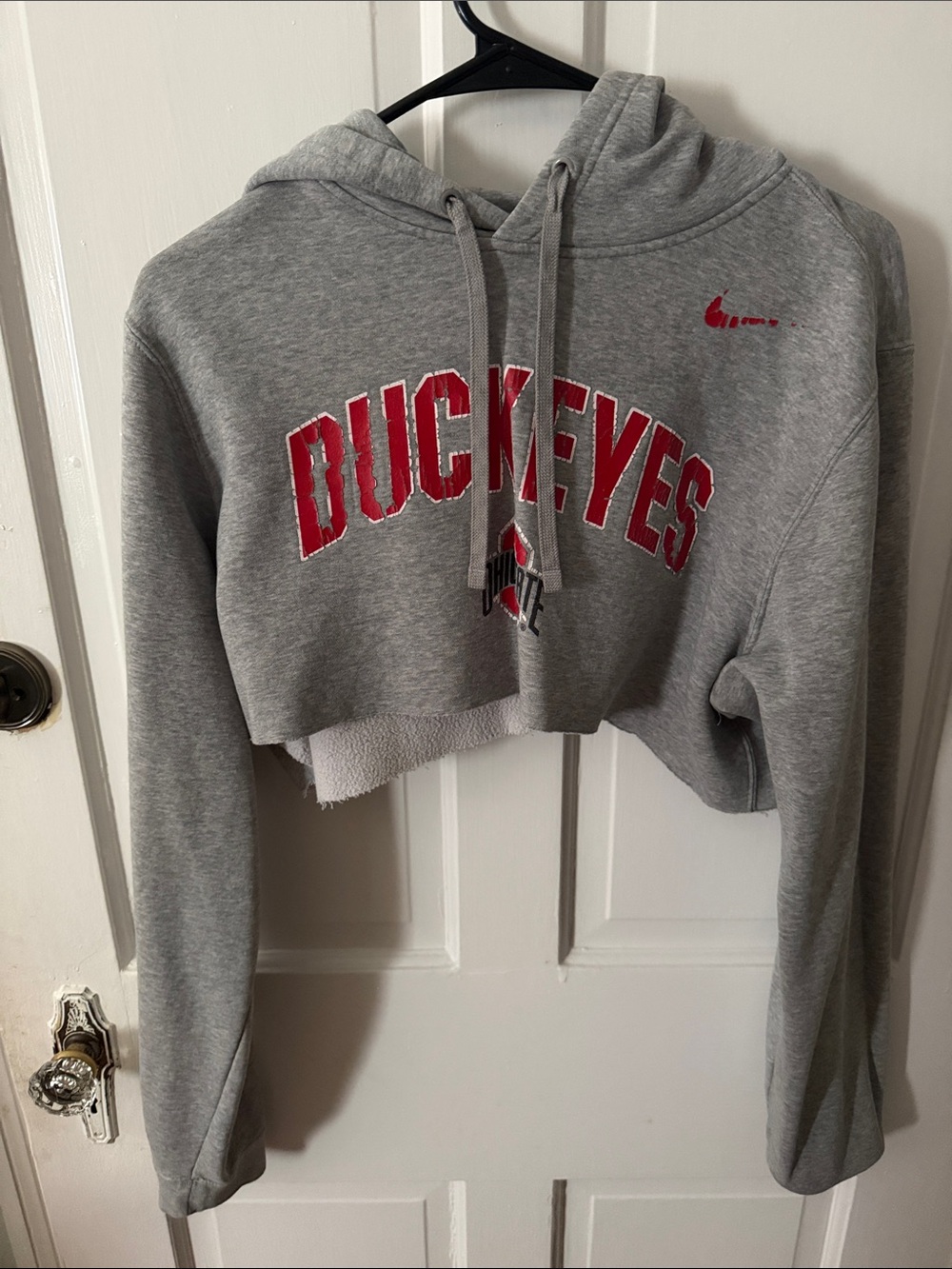 Nike Gray Cropped Buckeyes Hoodie with Red Lettering